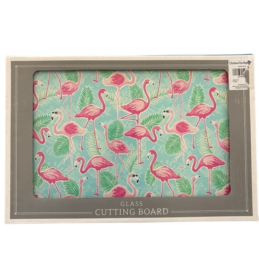 Pink Flamingo & Tropical Palm Leaf Themed Glass Cutting Board *New*